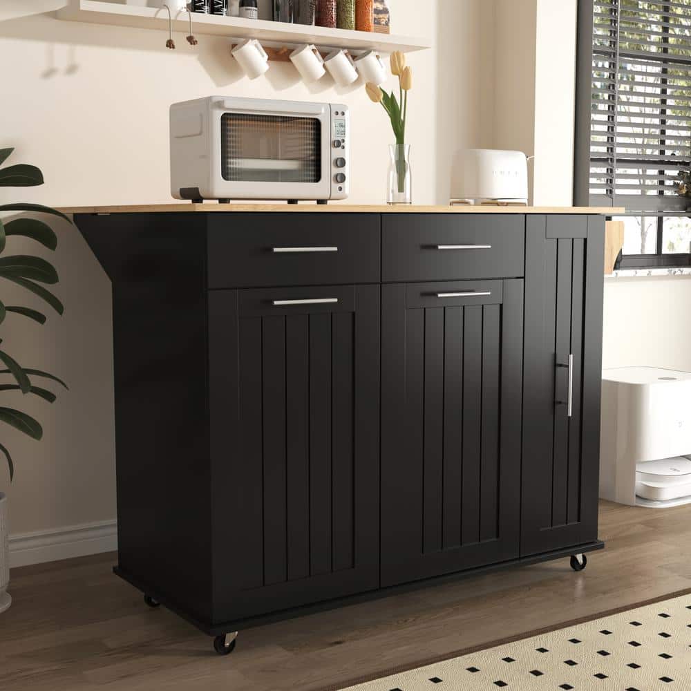 Black Wood 46 in. Kitchen Island with Pull Out Cabinet Organizer Drop Leaf 