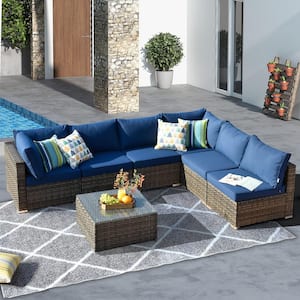 Messi Gray 7-Piece Wicker Outdoor Patio Conversation Sectional Sofa Set with Navy Blue Cushions