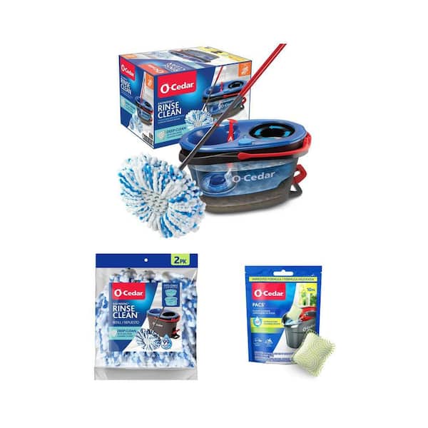 RinseClean Deep Clean Microfiber Spin Mop with PACS Hard Floor Cleaner (10-Count) and Mop Head Refills (2-Pack)