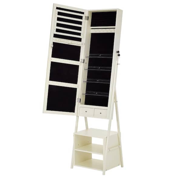 63 in. LED Jewelry Cabinet with Mirror, 1-Piece White Makeup Vanity Set Lockable Armoire Organizer, 3-In-1 USB-Powered