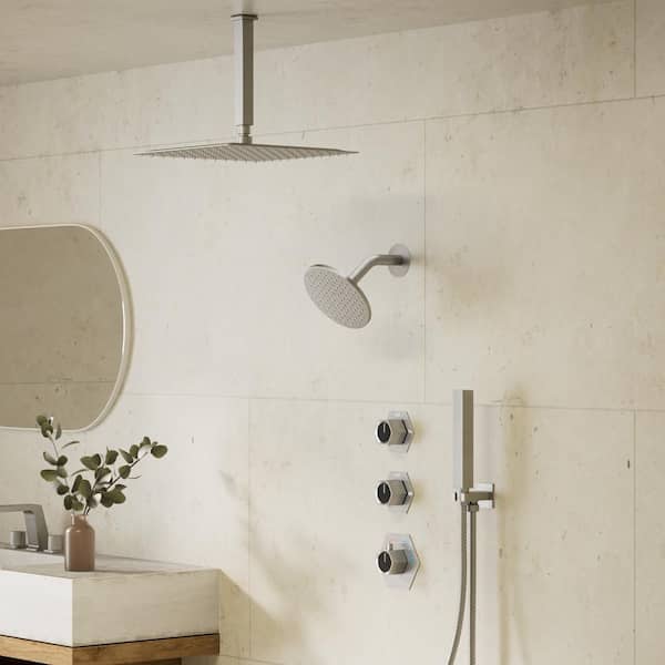FlexiRain 5-Spray Dual Ceiling Mount 12 in. Fixed and Handheld Shower Head 2.5 GPM in Brushed Nickel Valve Included