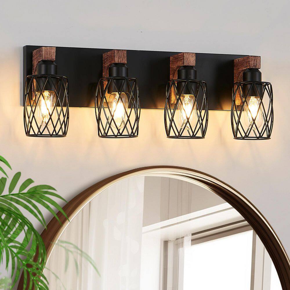 24 in. 4-Light Black Vanity Light with Wood Accents and Drum Metal Cage Shade price history on PriceWatchPro