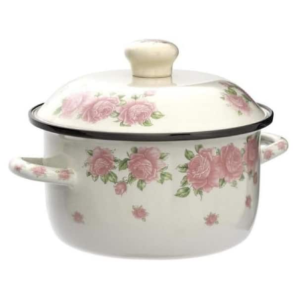 Retro Flower Enamel Stock Pot 3 qt. Pink with Lid, Induction Compatible, Even Heat Distribution, Dishwasher Safe