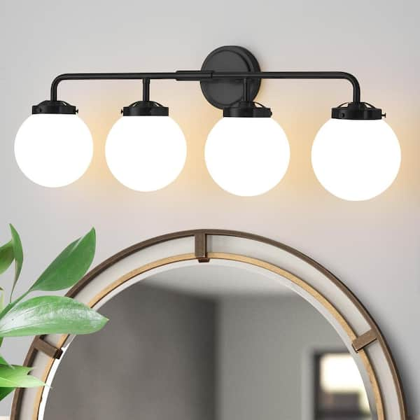 Deyidn 30.71 in. 4-Light Black Bathroom Vanity Light with Opal Glass ...