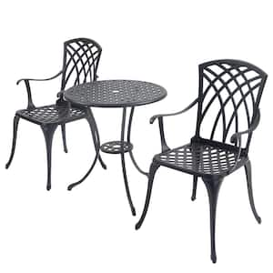 3-Piece Bistro Table Set Cast Aluminum Outdoor Patio Furniture with Umbrella Hole Patio Balcony, Black