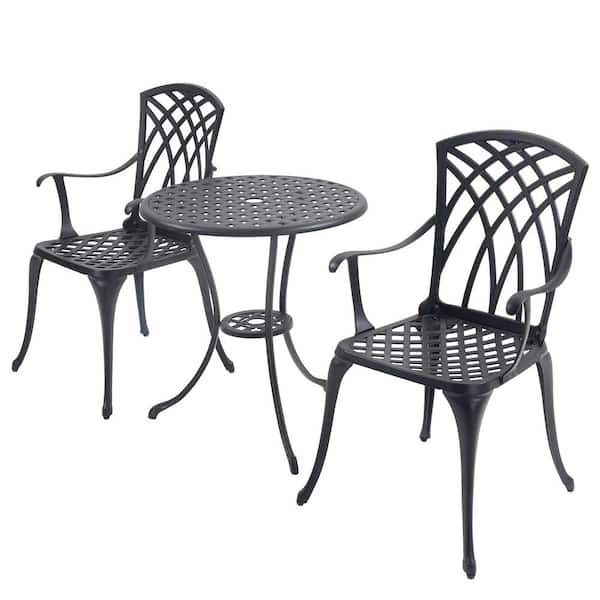 AOPSPS 3-Piece Bistro Table Set Cast Aluminum Outdoor Patio Furniture with Umbrella Hole Patio Balcony, Black