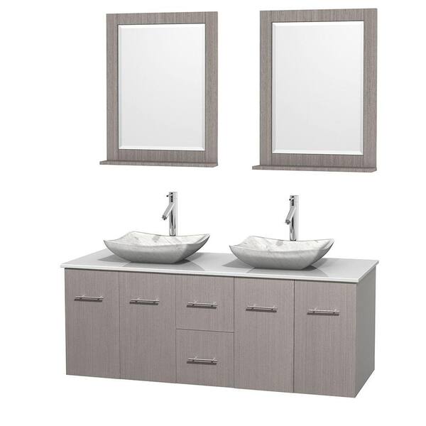 Wyndham Collection Centra 60 in. Double Vanity in Gray Oak with Solid-Surface Vanity Top in White, Carrara Marble Sinks and 24 in. Mirror