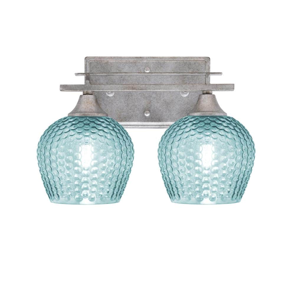 Ontario 13.25 in. 2-Light Vanity Light Aged Silver Turquoise Textured Glass