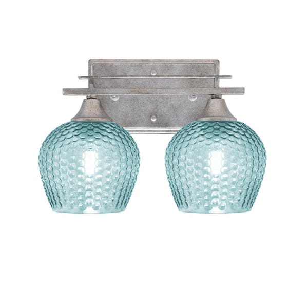 Unbranded Ontario 13.25 in. 2-Light Vanity Light Aged Silver Turquoise Textured Glass Shade