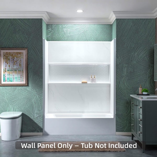 32 in. x 60 in. x 64 in. 4-Piece Easy Glue Up Alcove Tub Surrounds with Built-In Shelf in Carrara White