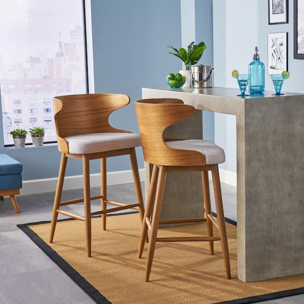 Kamryn Mid-Century Modern 30.25 in. Natural Wooden Bar Stools with Beige Fabric Seat Cushion (Set of 2)