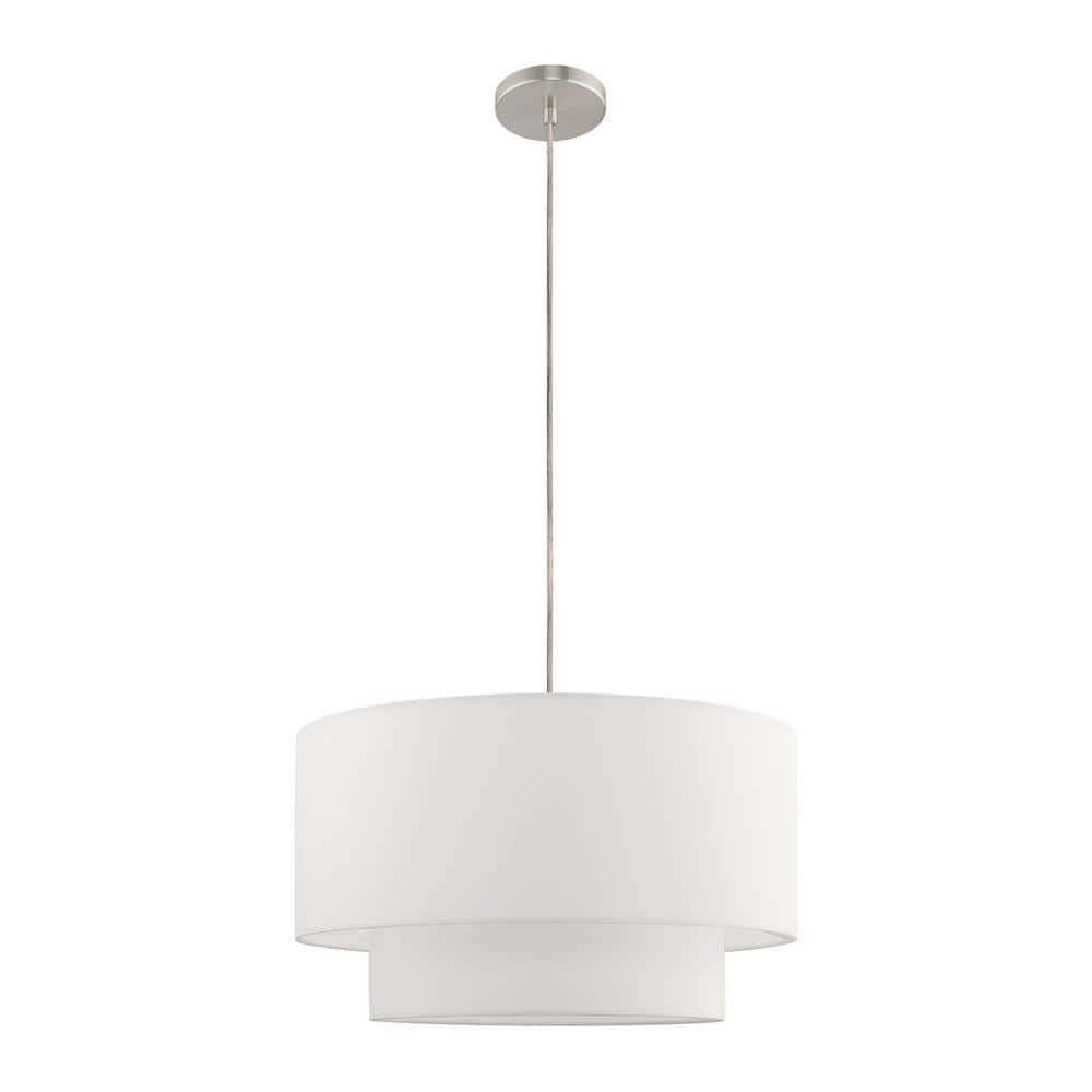 Elegant Brushed Nickel Drum Pendant with Off-White Fabric Shade