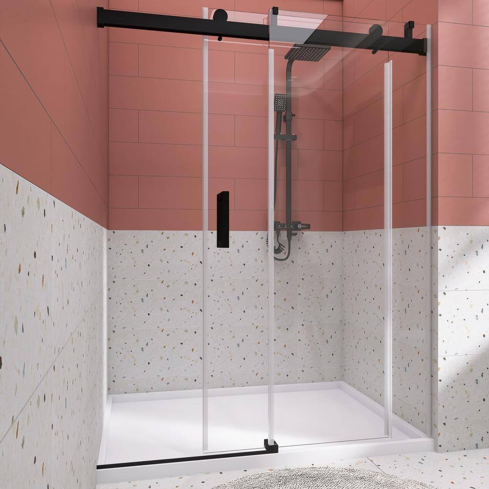 72'' Matte Black Frameless Sliding Shower Door with Clear Glass