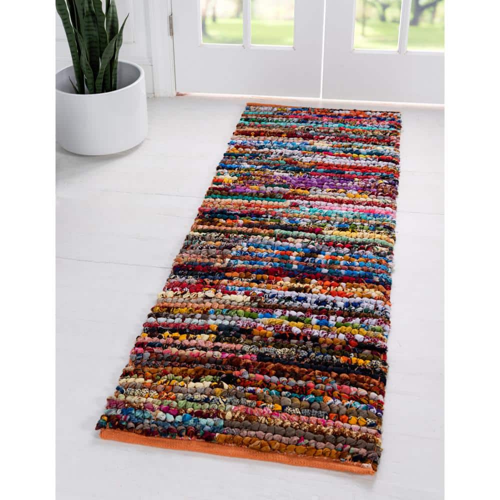 Colorful Hand-Braided Cotton Striped Runner Rug