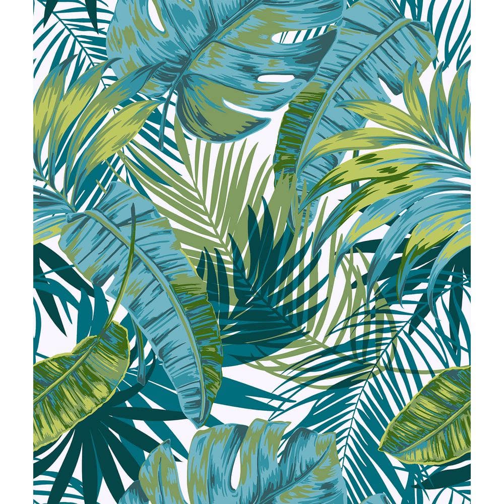 Tropical Palm Teal and Green Vinyl Peel and Stick Wallpaper