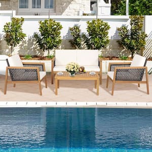 4-Pieces Patio Rattan Furniture Set with Removable Cushions in White