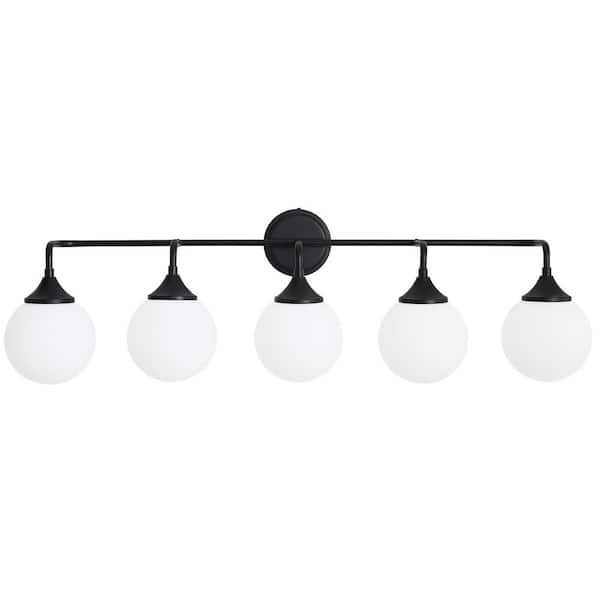 Deyidn 38.9 in. 5-Light Black Vanity Light with Milk White Glass Shade, Suitable for Bathrooms Dining Room Powder Rooms
