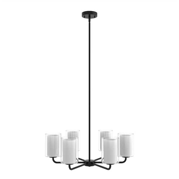 YANSUN 6-Light Black Transitional Chandelier with Glass Shade for Kitchen, Dining Room, Foyer, Convertible to Semi-Flush Mount
