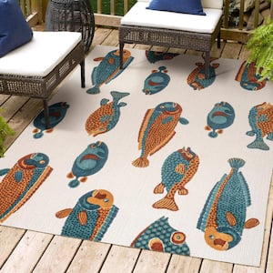 Algarve Modern Fish High-Low Navy/Orange/Cream 3 ft. x 5 ft. Indoor/Outdoor Area Rug