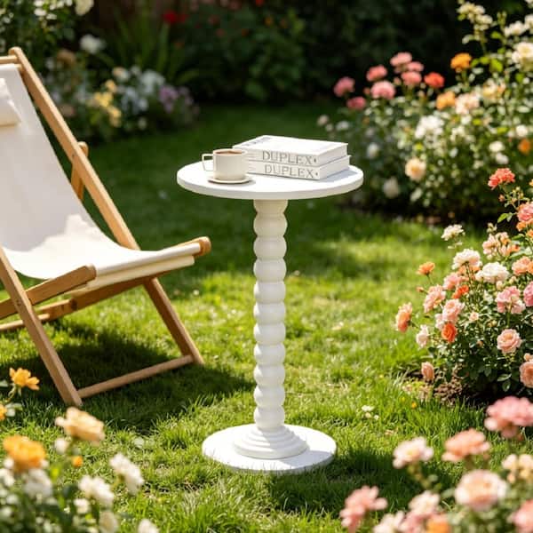 White Round Side Table with Solid Wood Legs for Indoor and Outdoor