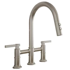 Modern Double Handle 3 Holes Deck Mount Bridge Kitchen Faucet With 2-Sprayer Pattern 360 Swivel Spout in Brushed Nickel