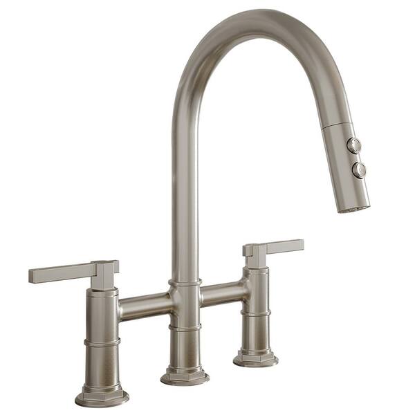 BWE Modern Double Handle 3 Holes Deck Mount Bridge Kitchen Faucet With   Brushed Nickel Bwe Bridge Kitchen Faucets C 4076 N 64 600 