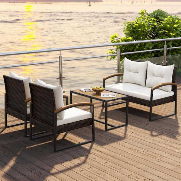 4-Piece Rattan Wicker Outdoor Sectional Set with White Cushions and Acacia Wood Coffee Table / Armrest