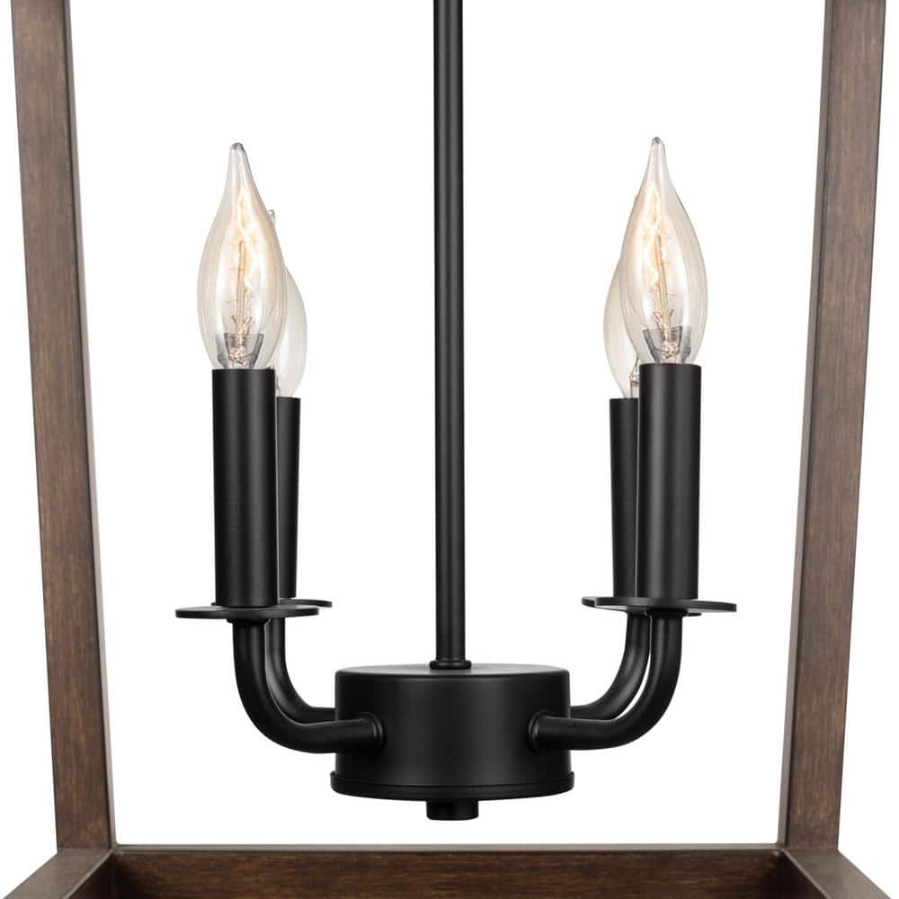 Matte Black and Faux Wood 4-Light Pendant