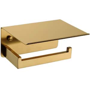 Wall Mounted Stainless Steel Toilet Paper Holder with Storage Shelf in Brushed Gold