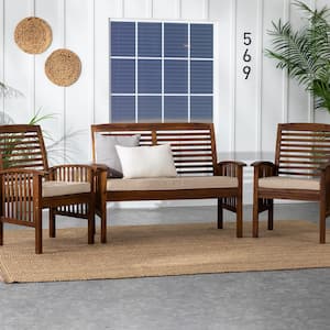 Dark Brown 3 Piece Acacia Wood Patio Conversation Seating Set with Ivory Cushions