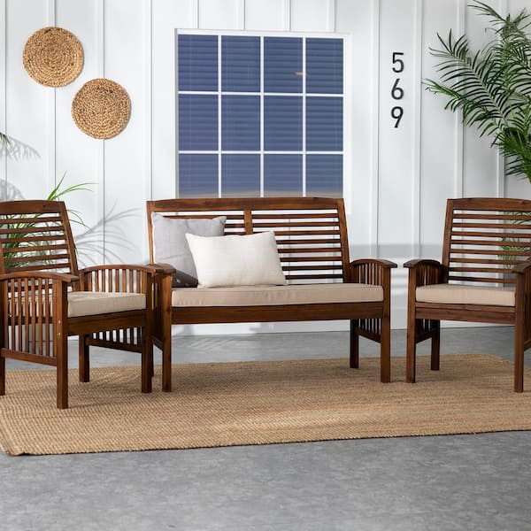 Welwick Designs Dark Brown 3 Piece Acacia Wood Patio Conversation Seating Set with Ivory Cushions