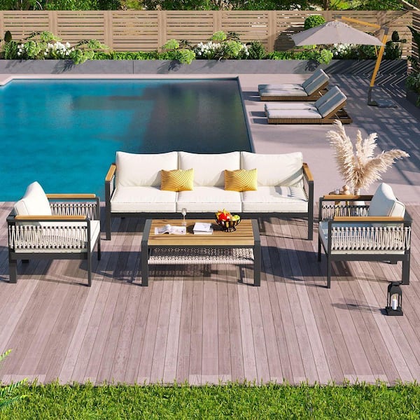 5-Person Patio Seating Group Outdoor Conversation Set with Beige Cushions and Coffee Table