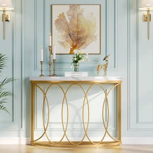 Eileen 43.3 in. Gold Half-Moon Wood Console Table with Unique Geometric Metal Frame