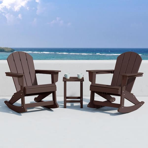 Laguna 3-Piece Fade Resistant Outdoor Patio HDPE Poly Plastic Adirondack Rocking Chairs and Side Table Set, Dark Brown