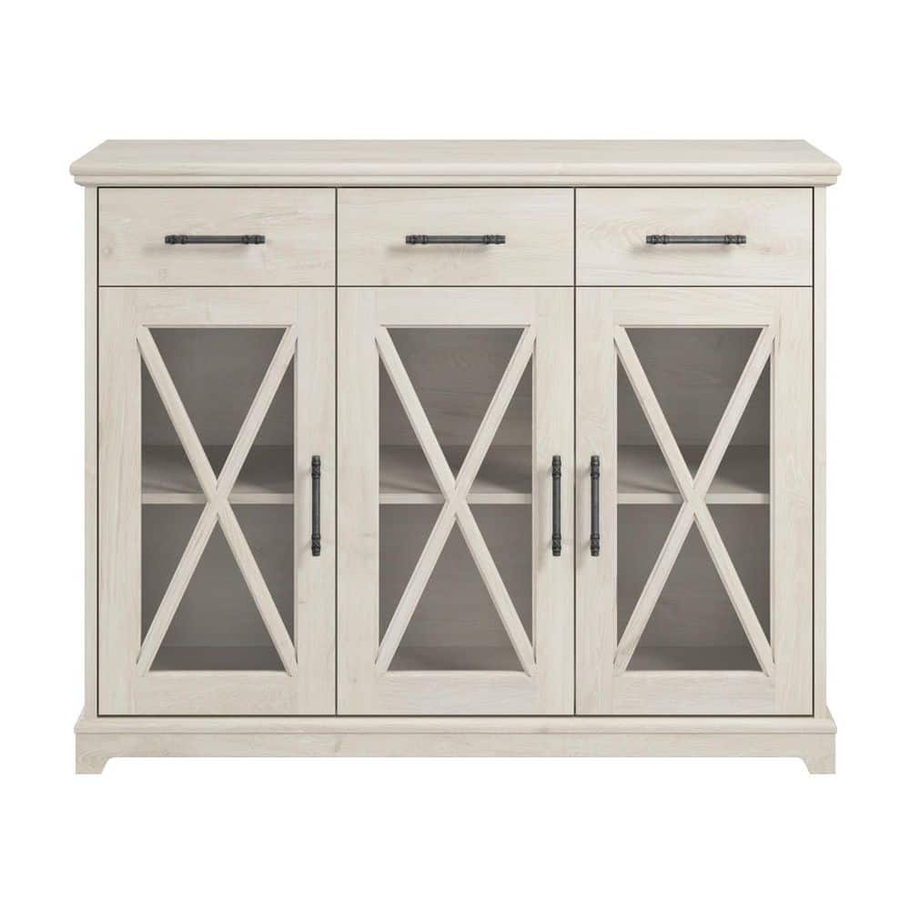 Lennox 46'' Linen White Oak Farmhouse Buffet Cabinet with Glass Doors