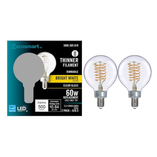 EcoSmart 60-Watt Equivalent G16.5 Dimmable Fine Bendy Filament LED Vintage Edison Light Bulb Bright White (2-Pack)
