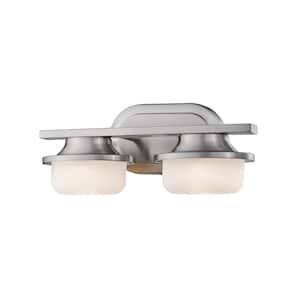 Optum 14 in. 2-Light Brushed Nickel Integrated LED Shaded Vanity Light with Matte Opal Glass Shade