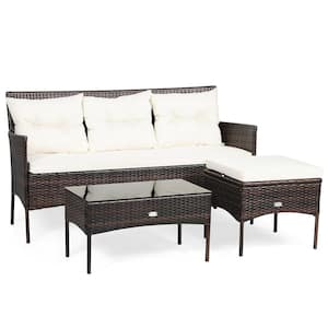 3-Piece Wicker Patio Conversation Set Outdoor All Weather Rattan Set with White Cushioned Ottoman and Side Table