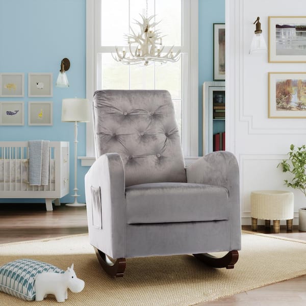 Mid Century Modern Gray Velvet, Child Upholstered Rocking Chair