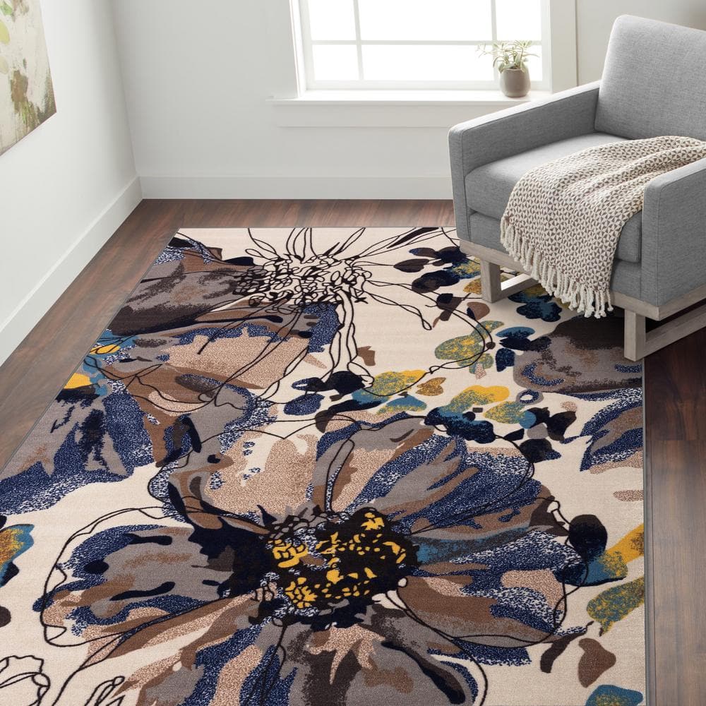 Blossom Bliss Cream Synthetic 5'x7' Easy-Care Floral Area Rug