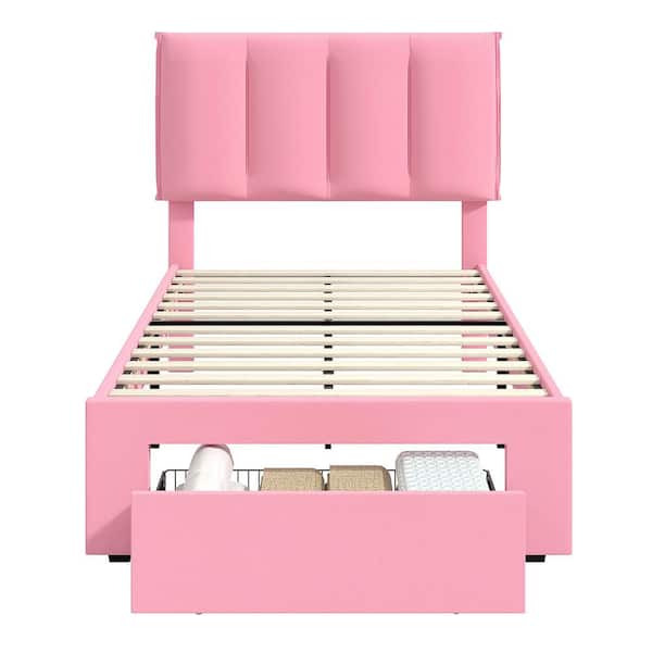 Bed Frame with Storage Drawer, Pink Metal Frame Twin Platform Bedframe with Adjustable Headboard & Wooden Slats Support