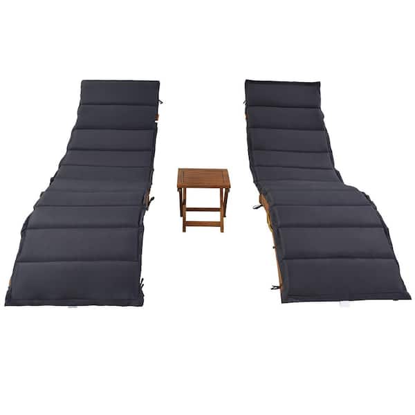 HOTEBIKE 3-Piece Brown Wood Portable Outdoor Extended Chaise Lounge Set with CushionGuard, Foldable Tea Table and Gray Cushion