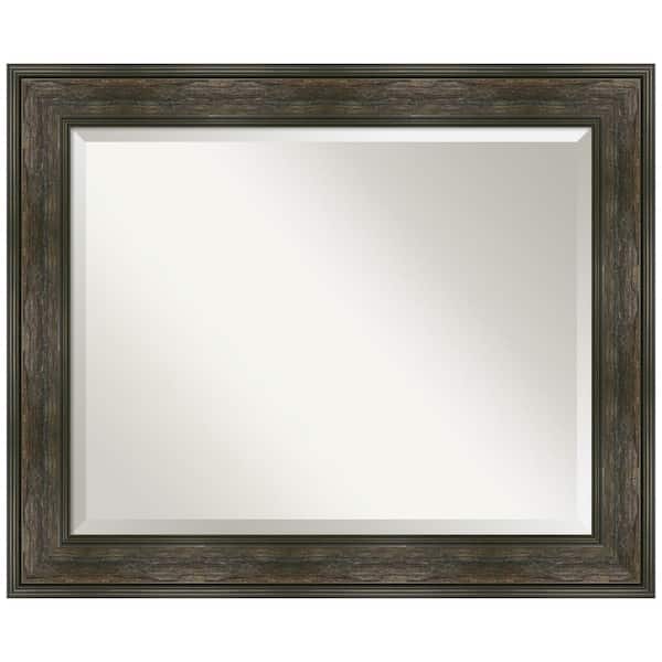 Amanti Art Medium Rectangle Rail Rustic Char Beveled Glass Casual Mirror (28.25 in. H x 34.25 in. W)