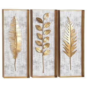 Metal Gold Framed 3D Leaf Wall Decor with Distressed Wood Backing (Set of 3)