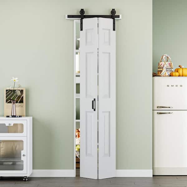 24 in. x 84 in. Paneled 6-Lite White Primed MDF Composite Bi-fold Sliding Barn Door with Hardware Kit and Handle