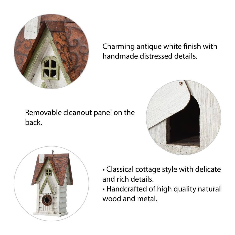 12" Weathered White Solid Wood Cottage Birdhouse with Metal Roof