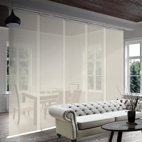 EMOH Ivory Mesh 58 in. - 110 in. W x 94 in. L Adjustable 5-Panel in Satin Nickel Single Rail Panel Track with 23.5 in. Slates