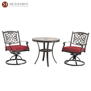 3-Piece Cast Aluminum Outdoor Dining Set Round Tile-Top Table and Flower-Shaped Backrest Swivel Chairs with Red Cushions