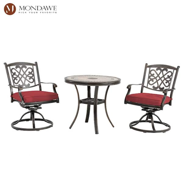 Mondawe 3-Piece Cast Aluminum Outdoor Dining Set Round Tile-Top Table and Flower-Shaped Backrest Swivel Chairs with Red Cushions