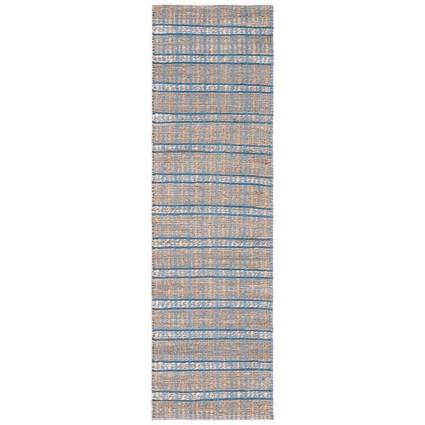 SAFAVIEH Natural Fiber Blue/Beige 2 ft. x 8 ft. Striped Woven Runner Rug